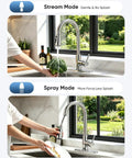 OWOFAN Chrome Kitchen Faucet with Pull Down Sprayer in Stream and Spray modes, showcasing functionality in a modern kitchen.