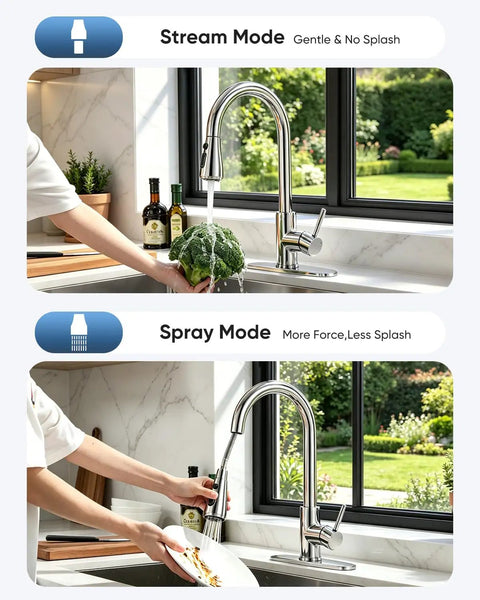 OWOFAN Chrome Kitchen Faucet with Pull Down Sprayer in Stream and Spray modes, showcasing functionality in a modern kitchen.