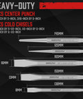 Image of heavy-duty center punches and cold chisels from 16 Piece Precision Punch And Chisel Set With Taper Punch Pin Punch Center Punch Cold Chisels And Gauge For Versatile Woodworking And Metalworking Projects Built With Rugged Heat Treated Chrome Vanadium Steel And A True Workhorse Build.