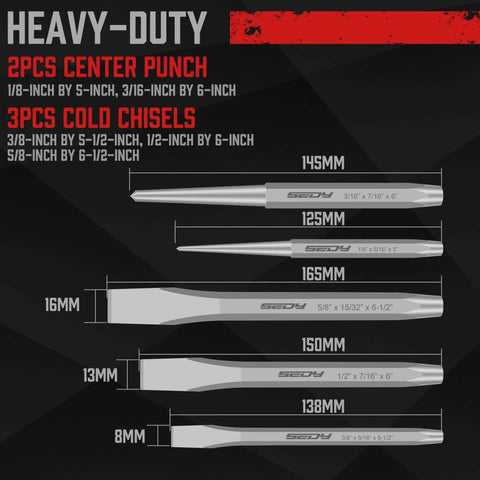 Image of heavy-duty center punches and cold chisels from 16 Piece Precision Punch And Chisel Set With Taper Punch Pin Punch Center Punch Cold Chisels And Gauge For Versatile Woodworking And Metalworking Projects Built With Rugged Heat Treated Chrome Vanadium Steel And A True Workhorse Build.