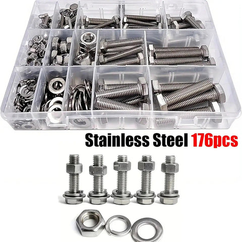 176 Piece Stainless Steel Heavy Duty Hex Bolt And Nut Kit With Fully Threaded M6 M8 M10 Bolts For Home DIY And Machinery Projects, Versatile Automotive And Tool Room Set, assorted sizes in organizer