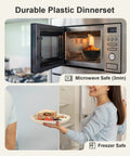 Microwave showing 16 Piece Unbreakable Plastic Dinnerware Set For 4, Tough As Nails And Lightweight, with food inside