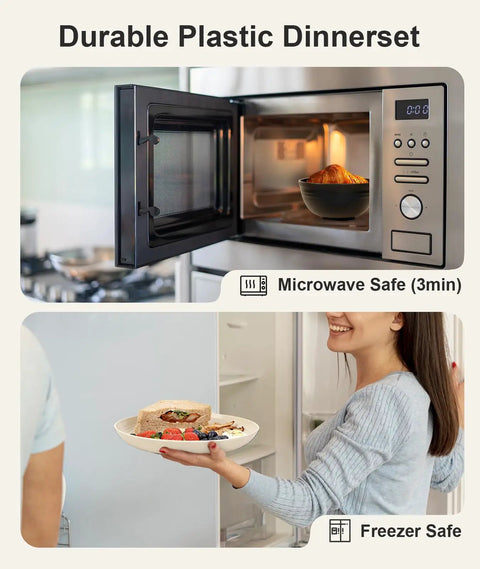 Microwave showing 16 Piece Unbreakable Plastic Dinnerware Set For 4, Tough As Nails And Lightweight, with food inside