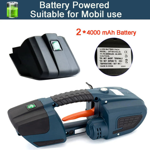 Legit Electric Strapping Machine For Half To Five Eighth Inch PP PET Strap handheld banding tool with dual 4000 mAh batteries.