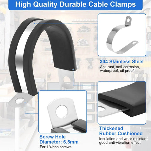 176 Piece Cable Clamps Set With Screws Eight Sizes Rubber Insulated Stainless Steel Cushioned Pipe And Loop Clamps For Wire And Cord Automotive Installation And DIY Wiring All In One Pro Grade Kit showing durable features