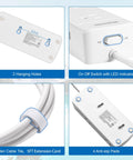 Four different views of All In One Travel Power Strip with 2 Prong To 3 Prong Converter showing hanging holes, switch, cable tie, and pads.