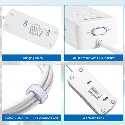 Four different views of All In One Travel Power Strip with 2 Prong To 3 Prong Converter showing hanging holes, switch, cable tie, and pads.
