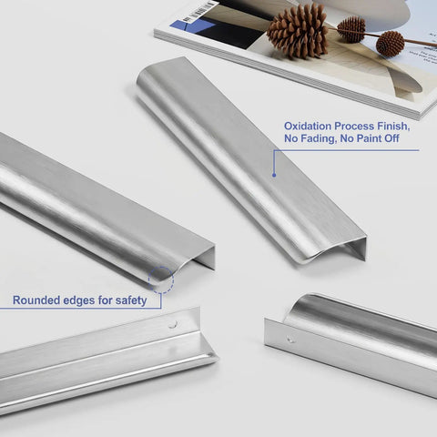 Close-up of Brushed Nickel Cabinet Pulls 25 Pack 5 Inch Finger Pulls For Cabinets And Drawers showing brushed satin finish and rounded edges.