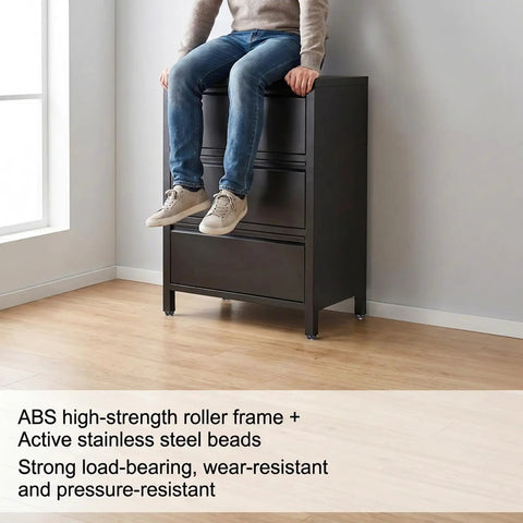 Hella Durable Self Adhesive Caster Wheels One Inch Swivel Plates with a person sitting on a drawer unit, highlighting stability and strength.