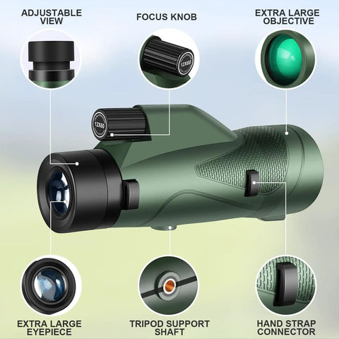 12x60 HD Monocular Telescope with Smartphone Adapter displayed with lens, focus knob, and tripod support shaft