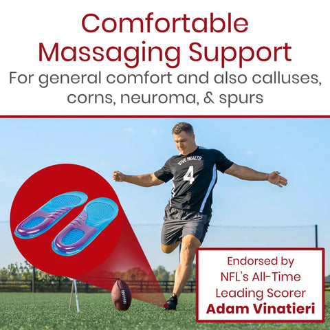 All Day Comfort Gel Insoles For Men And Women Shoe Inserts For Walking Running Hiking And Standing All Day Cushioned Gel Heel And Forefoot Support With Neutral Arch For Plantar Fasciitis Flat Feet Fits Sneakers And Boots One Pair displayed with athlete endorsement on field.