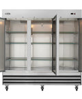 Heavy Duty Three Door Commercial Reach In Freezer With Stainless Steel And Aluminum Interior showing interior shelving, 72 cubic foot capacity.