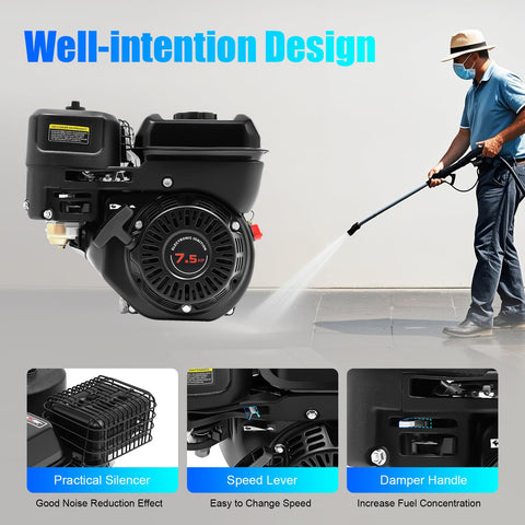 Beefed-Up 212cc 7.5HP 4 Stroke Gas Engine Motor with pull start, air cooled single cylinder, low noise performance, rugged build