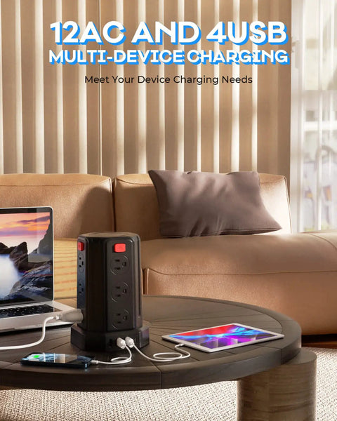 Beast Of A 16.4 Ft Power Strip Surge Protector With 12 AC Outlets And 4 USB Ports Including USB C on a living room table.