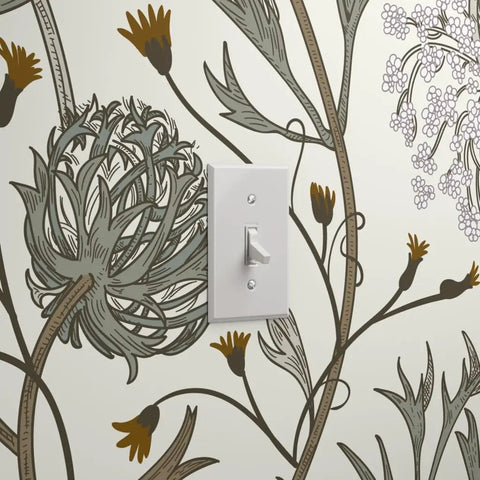 Jumbo Floral Neutral Vinyl Wallpaper With Dope Leather Texture Pattern Type Two showcasing floral design near a light switch.