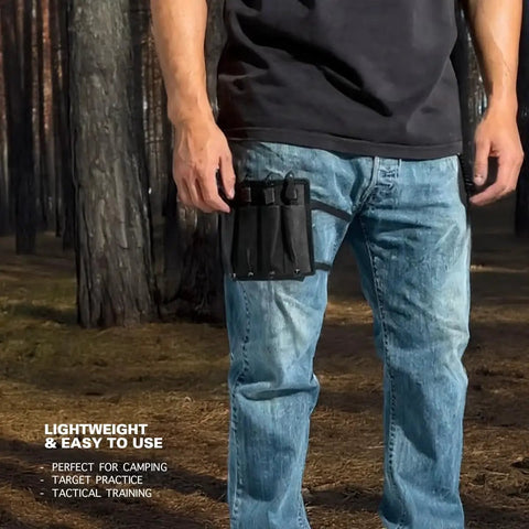 Six Piece Tactical Combat Kunai Throwing Knife Set with Sheath Case attached to person's leg in a forest