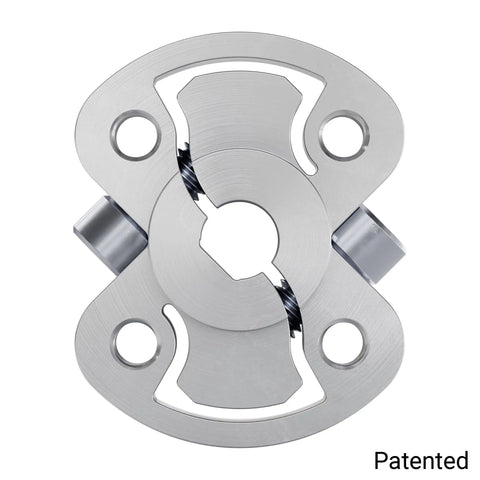 High Speed Compact Hub For 6mm D Shaft With 6mm D Bore And 16mm Through Pattern For Easy M4 Screw Attachment, Twin Pinch Bolts Deliver Tight Clamping In A Small Rugged Build, silver metal hub front view