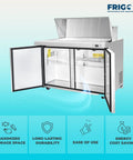 Straight Up Heavy Duty 60 Inch Stainless Steel Refrigerated Sandwich Prep Table With Two Doors and ample cold storage, displayed with doors open.