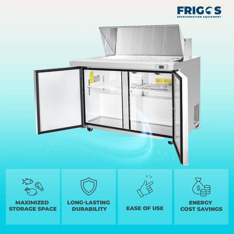 Straight Up Heavy Duty 60 Inch Stainless Steel Refrigerated Sandwich Prep Table With Two Doors and ample cold storage, displayed with doors open.