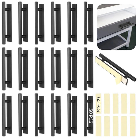 30 Pack Peel And Stick Cabinet Handles For Kitchen, Closet And More 6 Inch Self Adhesive Drawer Pulls Plastic No Drill Install Includes 60 Stickers For A Quick Budget Friendly Home Makeover And Cohesive Look. Black 6-inch peel-and-stick handles with 60 adhesive stickers