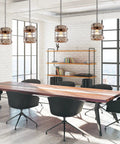 Retro Industrial Round Wood And Metal Chandelier Pendant Light For Kitchen Island Foyer Bar Dining Room 1 Light Cage Fixture In White Brown 7.8 In Diameter By 8.58 In Height Rustic Farmhouse Vibe hanging over dining table.