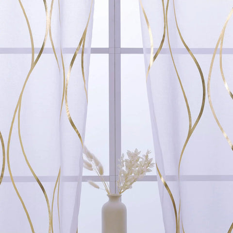 White and Gold See Through Sheer Curtains for Living Room That Let the Sunlight in Light Filtering Window Drapes 90 Inch Long Two Panels