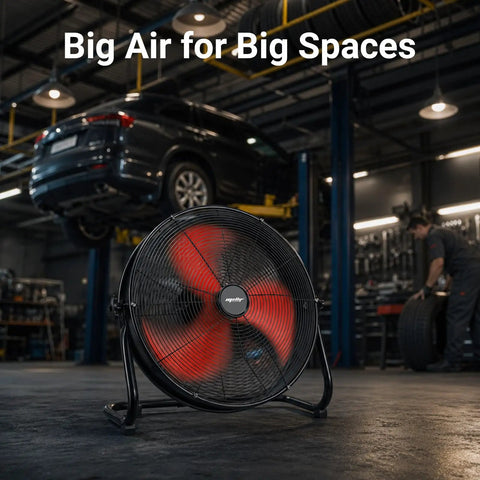 18 Inch High Velocity Brushless Floor Fan With Dual Power DC AC, Delivers 2500 CFM in garage setting