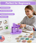 Lavender Purple Button Maker Machine With 30 Complete Pin Press Parts And Totally Rad DIY Badge Crafting Kit For Easy Peasy School Activities And Weekend Party Vibes in use by a girl making badges.