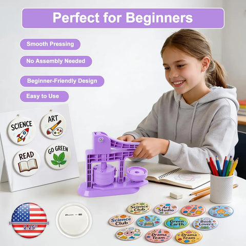 Lavender Purple Button Maker Machine With 30 Complete Pin Press Parts And Totally Rad DIY Badge Crafting Kit For Easy Peasy School Activities And Weekend Party Vibes in use by a girl making badges.