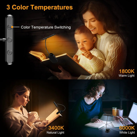 Side view of Amazon Gritin rechargeable clip-on book light with flexible goose neck and 3 color temperatures