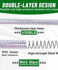 Close-up of 3.3 Foot Steel Wire Suction Hose with 1 Inch Inner Diameter, showing PVC layers and spiral steel wire, 90psi capacity.