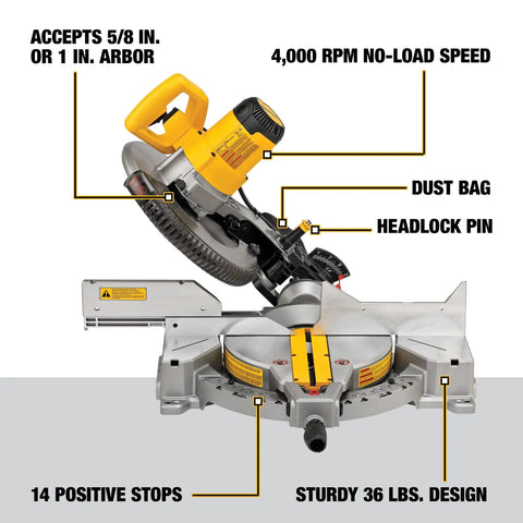 12 Inch Single Bevel Compound Miter Saw With 15 Amp Motor And Beefy Cutting Power, Precise Miter System, 14 Positive Stops, Stainless Steel Detent Plate, Tall Sliding Fence, Clears 5-1/2 Inch Base, Bevels From 0 To 48 Degrees Left