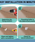 Four-step guide for installing the twenty piece set of white shelf support pins and replacement brackets with self tapping screws.