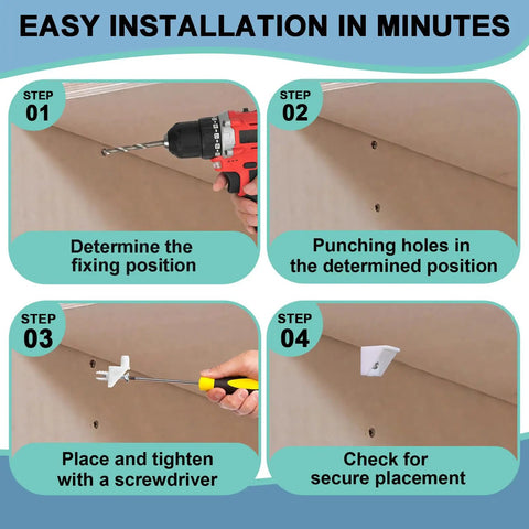 Four-step guide for installing the twenty piece set of white shelf support pins and replacement brackets with self tapping screws.