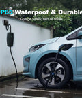 Rock Solid Level 1 And 2 EV Charger Featuring 16 Amp 3.5 Kw Quick Charge Heavy Duty Twenty Foot Cable charging a blue electric vehicle in rain.
