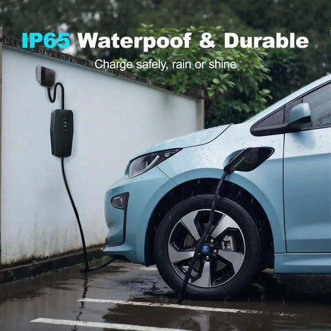Rock Solid Level 1 And 2 EV Charger Featuring 16 Amp 3.5 Kw Quick Charge Heavy Duty Twenty Foot Cable charging a blue electric vehicle in rain.