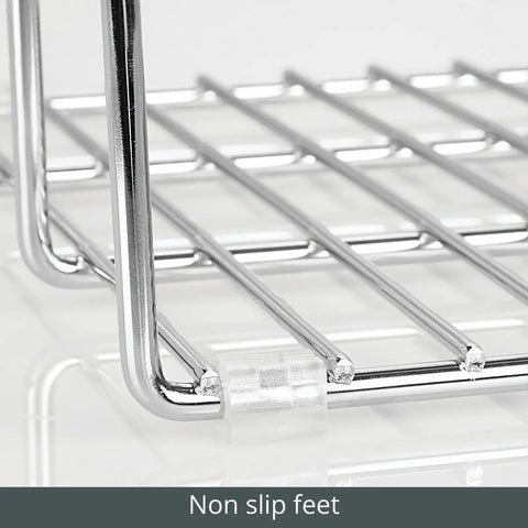 Close-up of non-slip feet on 3 Slot Tray And Pan Rack For Kitchen Organization, Metal Wire Pantry Storage, silver finish