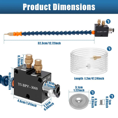 Straight Shooting Coolant Mister For Milling Machines With Slick Magnetic Base Mist Spray Pump dimensions and components diagram.