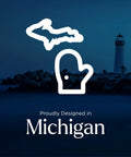 Illustration of Michigan map and lighthouse with text 'Proudly Designed in Michigan' on a dark background.