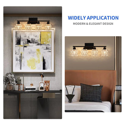 Four Light Vanity Fixture With Matte Black Finish And Crystal Lampshades Over Painting and Bed, Chrome Glass Modern Indoor Wall Light
