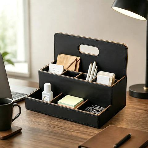 Black eight compartment desk organizer and mail holder on wood table with pens, envelopes, notes, and office supplies.