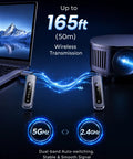 Wireless HDMI Transmitter And Receiver Kit With 165 Ft Range; laptop connected to projector via dual-band 5GHz/2.4GHz