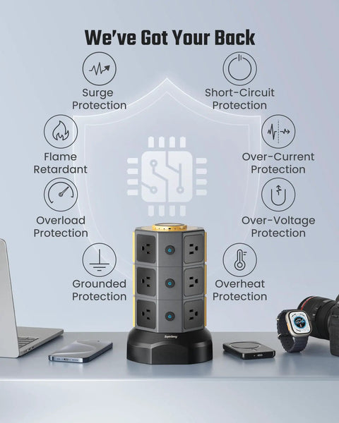 All In One Power Strip Tower With 15W Magnetic Wireless Charger And 1050J Surge Protector on desk, showing protection features