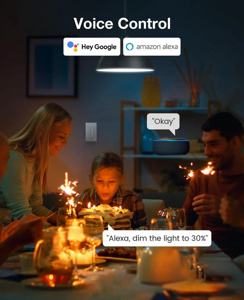 Family celebrating with cake, Single Pole Smart Dimmer Switch With Neutral Wire Required 2.4GHz WiFi Works With Alexa Google Home visible
