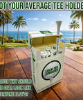 Flip Top Golf Tee Holder With Vintage Pocket Case And 18 Bamboo Tees Retro Style Golf Accessory on wooden deck by ocean