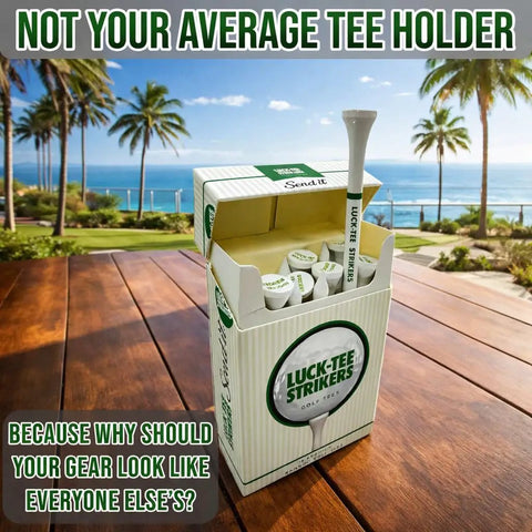 Flip Top Golf Tee Holder With Vintage Pocket Case And 18 Bamboo Tees Retro Style Golf Accessory on wooden deck by ocean