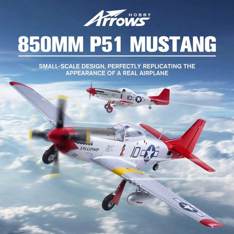 RC Plane For Grownups P51 850mm Wingspan With Vector Flight Stabilization System in flight over blue sky