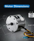 Condenser Fan Motor Hvac Replacement Heavy Duty Copper Winding detailed dimensions with wiring and capacitor on a dark background.