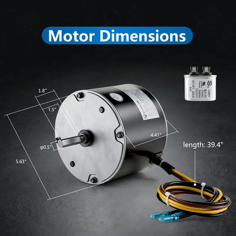 Condenser Fan Motor Hvac Replacement Heavy Duty Copper Winding detailed dimensions with wiring and capacitor on a dark background.