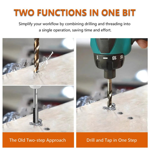 Image showing dual function use of Six Piece Combo Tap And Drill Bit Set With Dual Twist Flute and 118 Degree Split Point High Speed Steel.